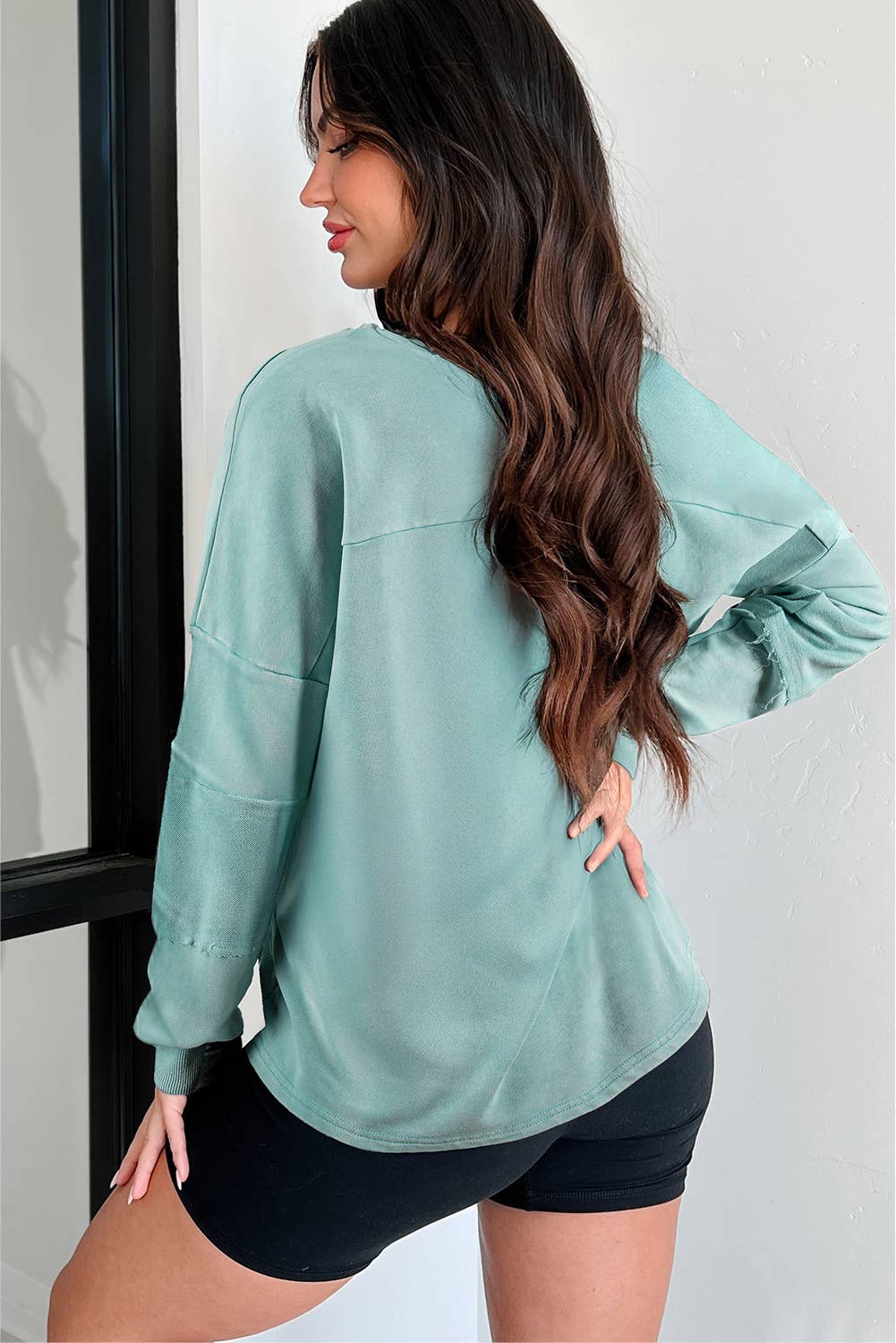 Lovesoft - Carbon Grey Mineral Wash Exposed Seam Buttoned V Neck Pullover Top