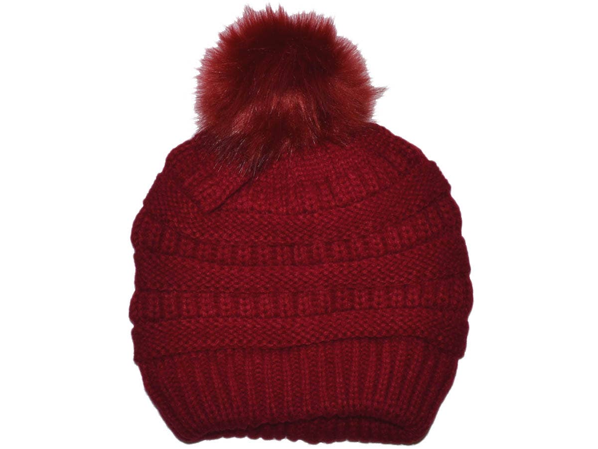 Buck Wholesale - Winter Beanie W/Fur Pom-Pom  - Warm Knit Soft Ladies Beanie
