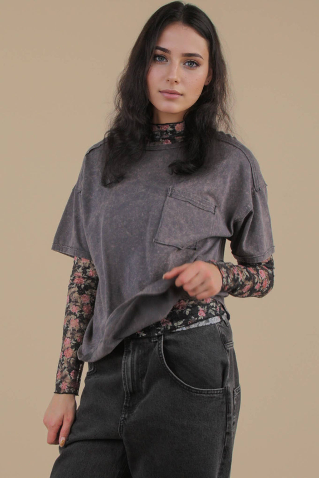 VERY J - NT11108-Mineral Washed Knit Top with Pocket