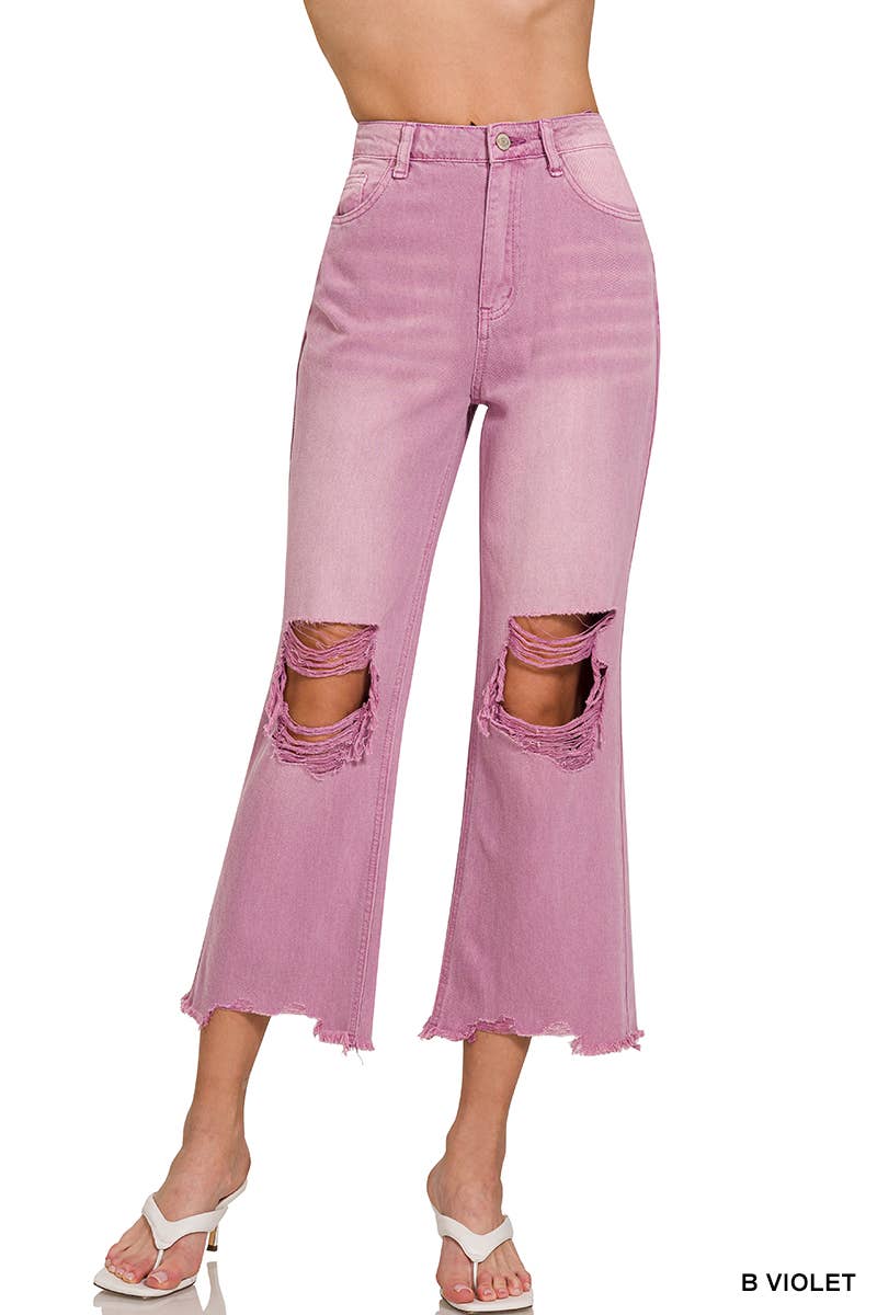 42POPS - `.Washed Distressed Crop Pants Colored Jeans