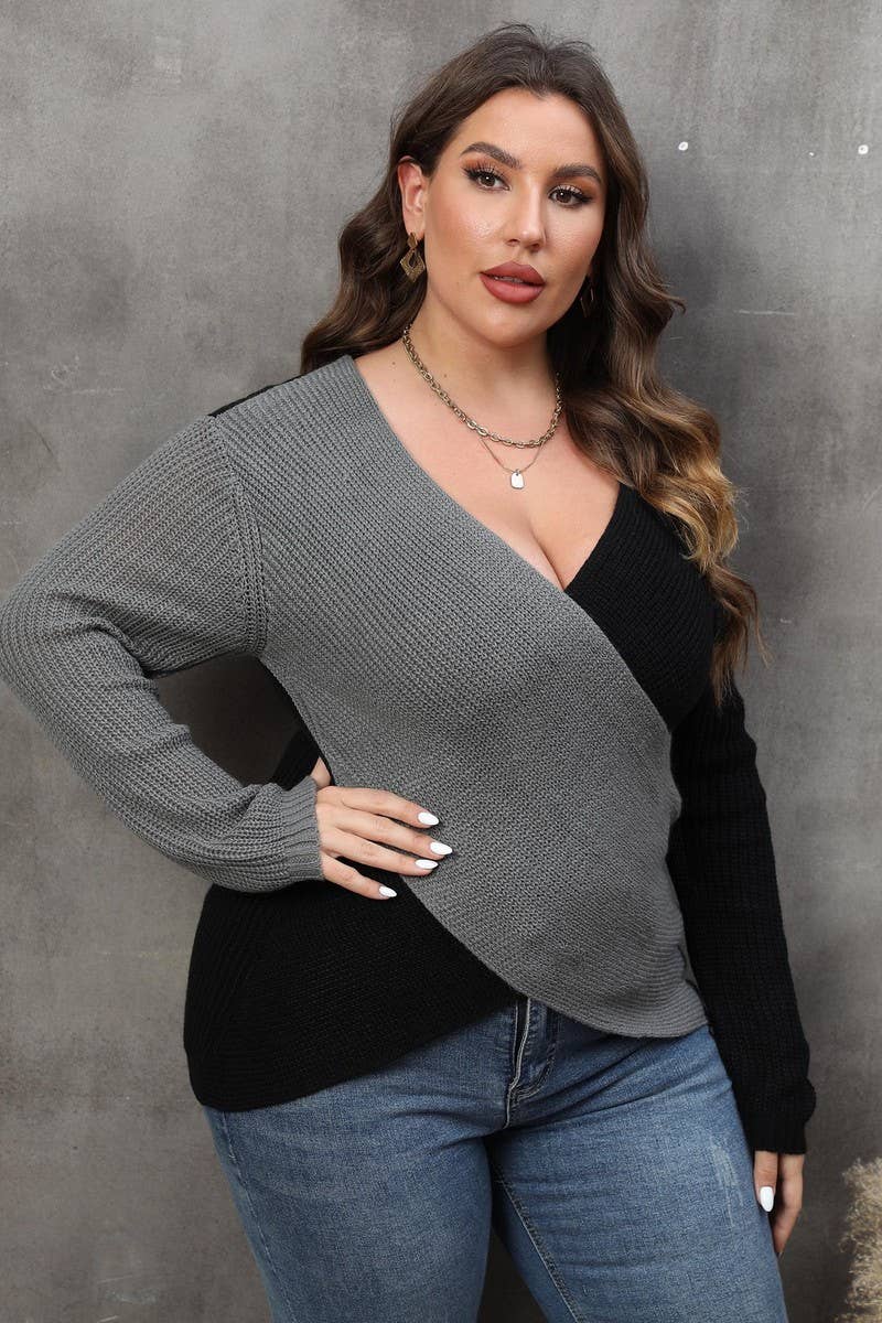 WOMEN PLUS SIZE SEXY DEEP NECK CROSS WRAP SWEATER_CWOCAL0298
