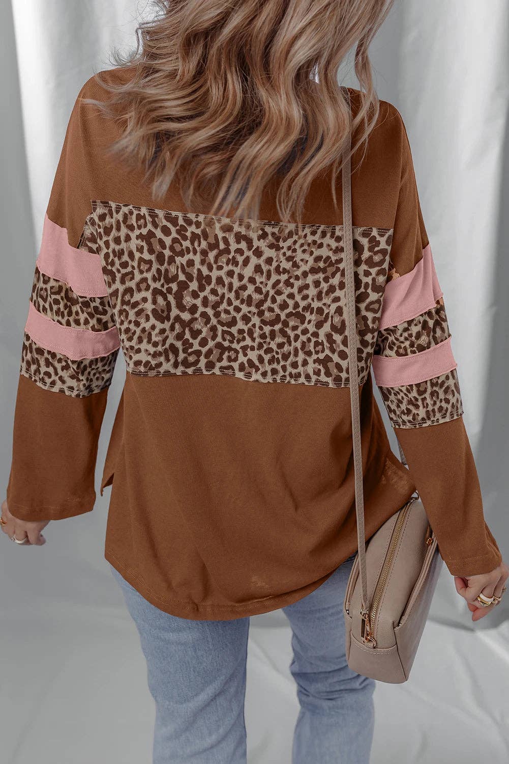 Lovesoft - Dark Blue Leopard Colorblock Patchwork Long Sleeve Drop Shoulder Top