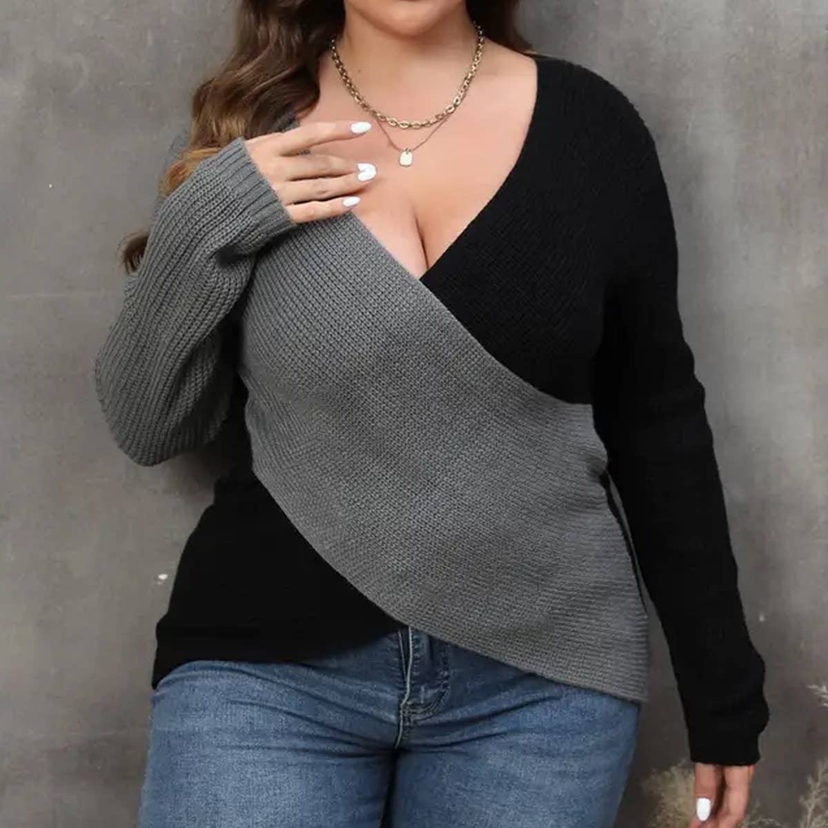 WOMEN PLUS SIZE SEXY DEEP NECK CROSS WRAP SWEATER_CWOCAL0298