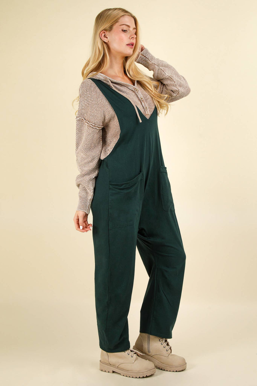 VERY J - NP70424-Casual Loose Fit Solid Knit Baggy Jumpsuit