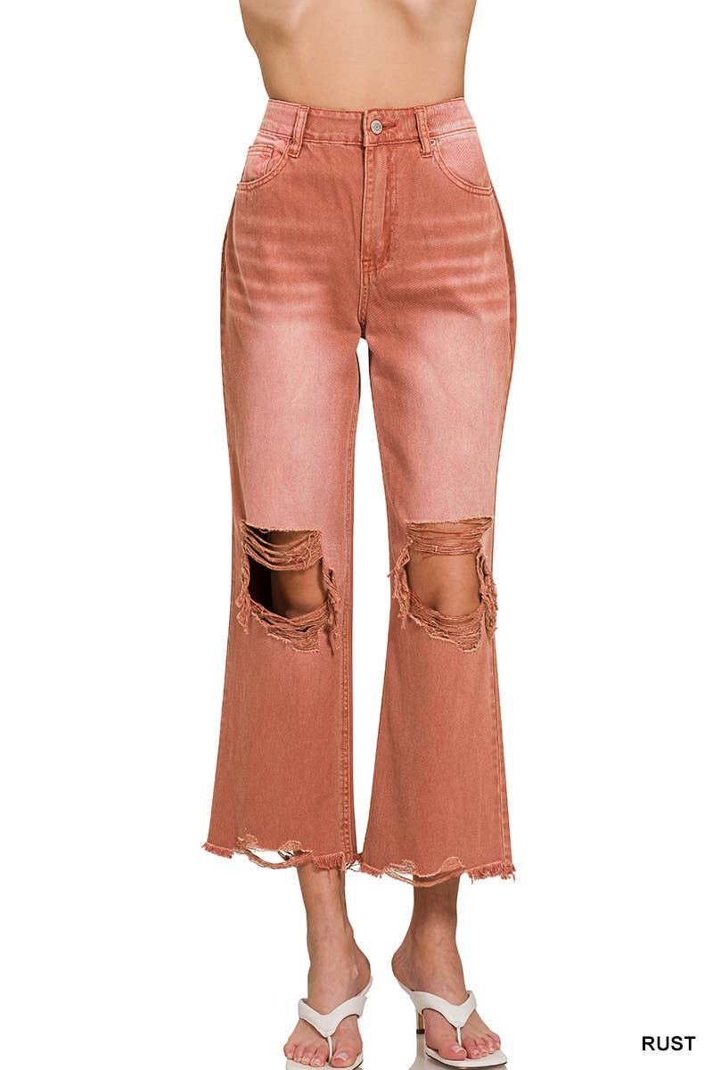 42POPS - `.Washed Distressed Crop Pants Colored Jeans