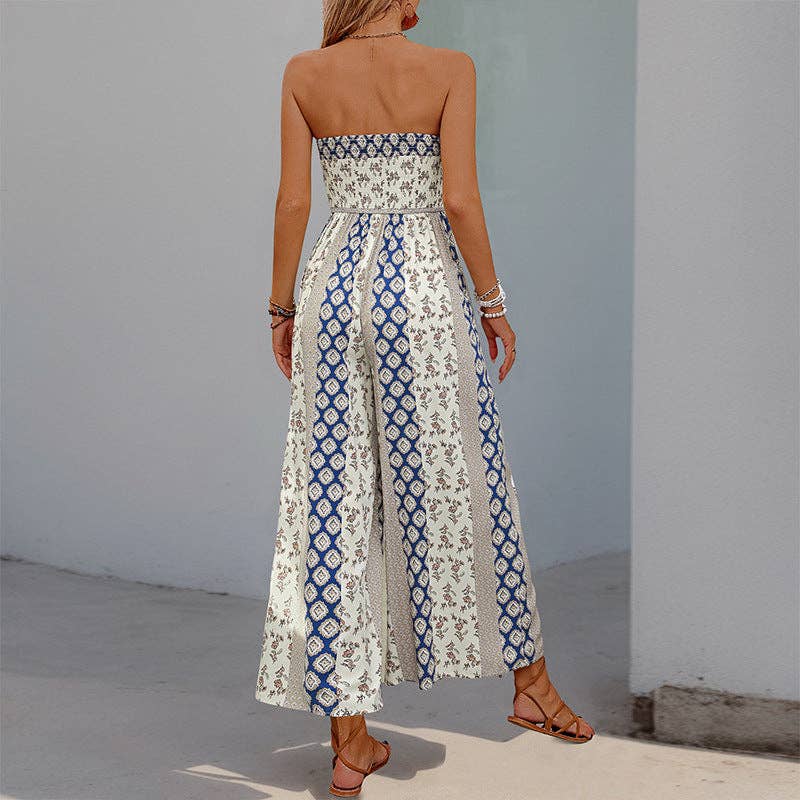 Lovesoft - Strapless Smocked Romper Tube Top Flare Trousers Jumpsuit