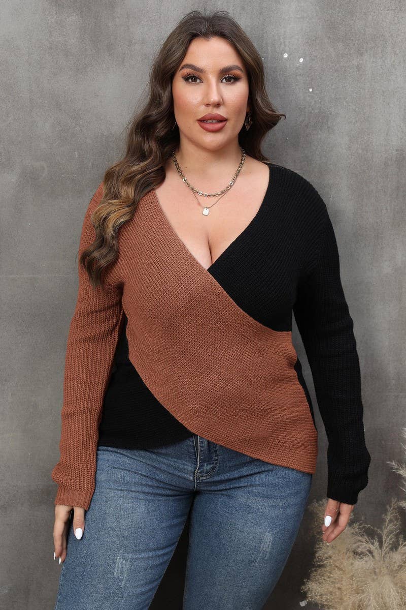 WOMEN PLUS SIZE SEXY DEEP NECK CROSS WRAP SWEATER_CWOCAL0298