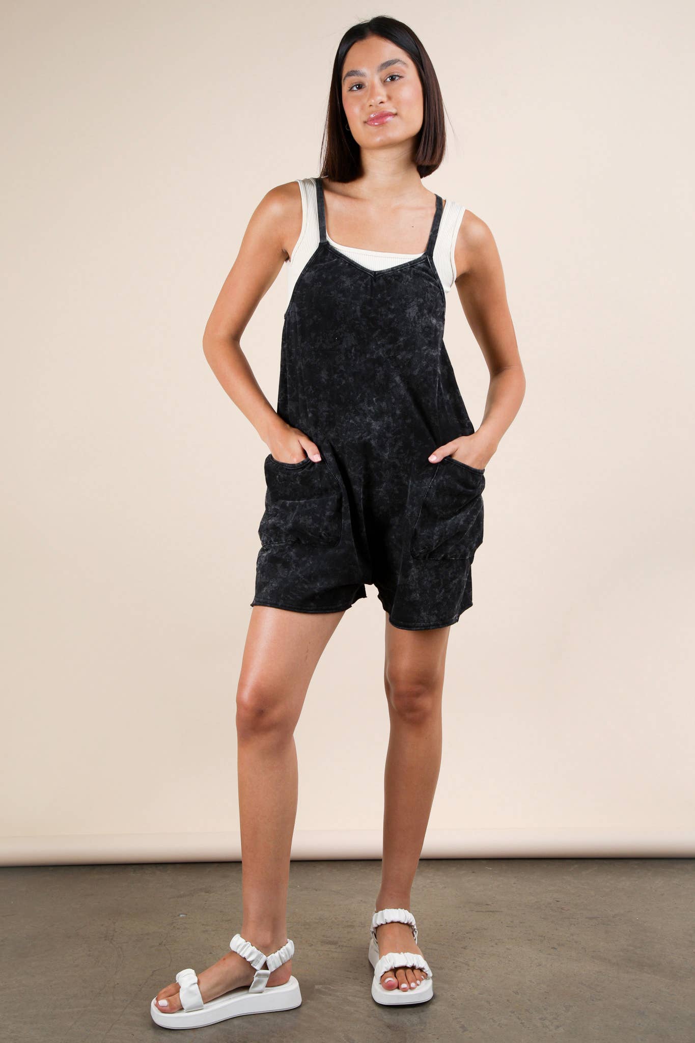 VERY J - NP70359-Mineral Washed Sleeveless Casual Knit Romper: