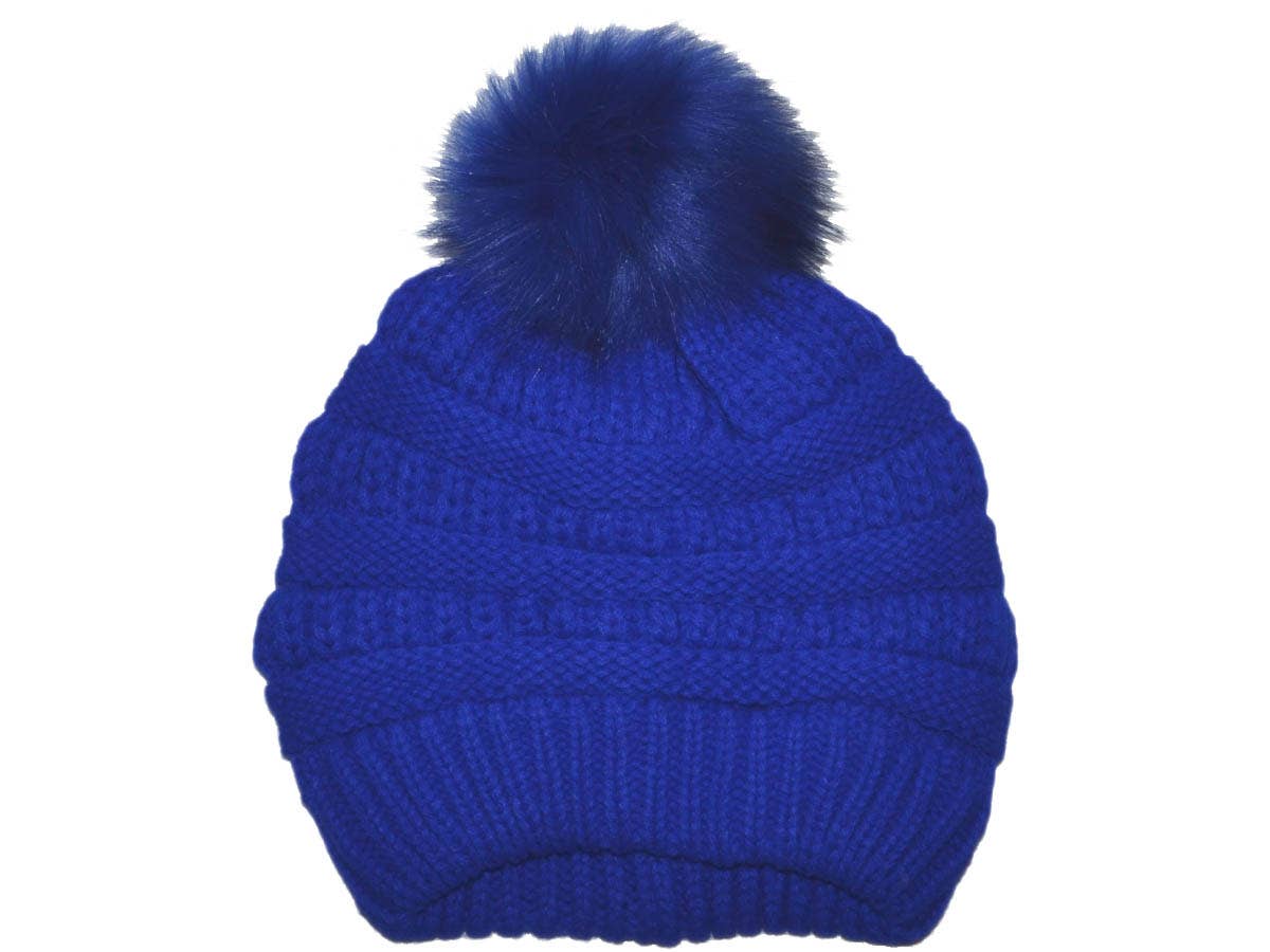 Buck Wholesale - Winter Beanie W/Fur Pom-Pom  - Warm Knit Soft Ladies Beanie