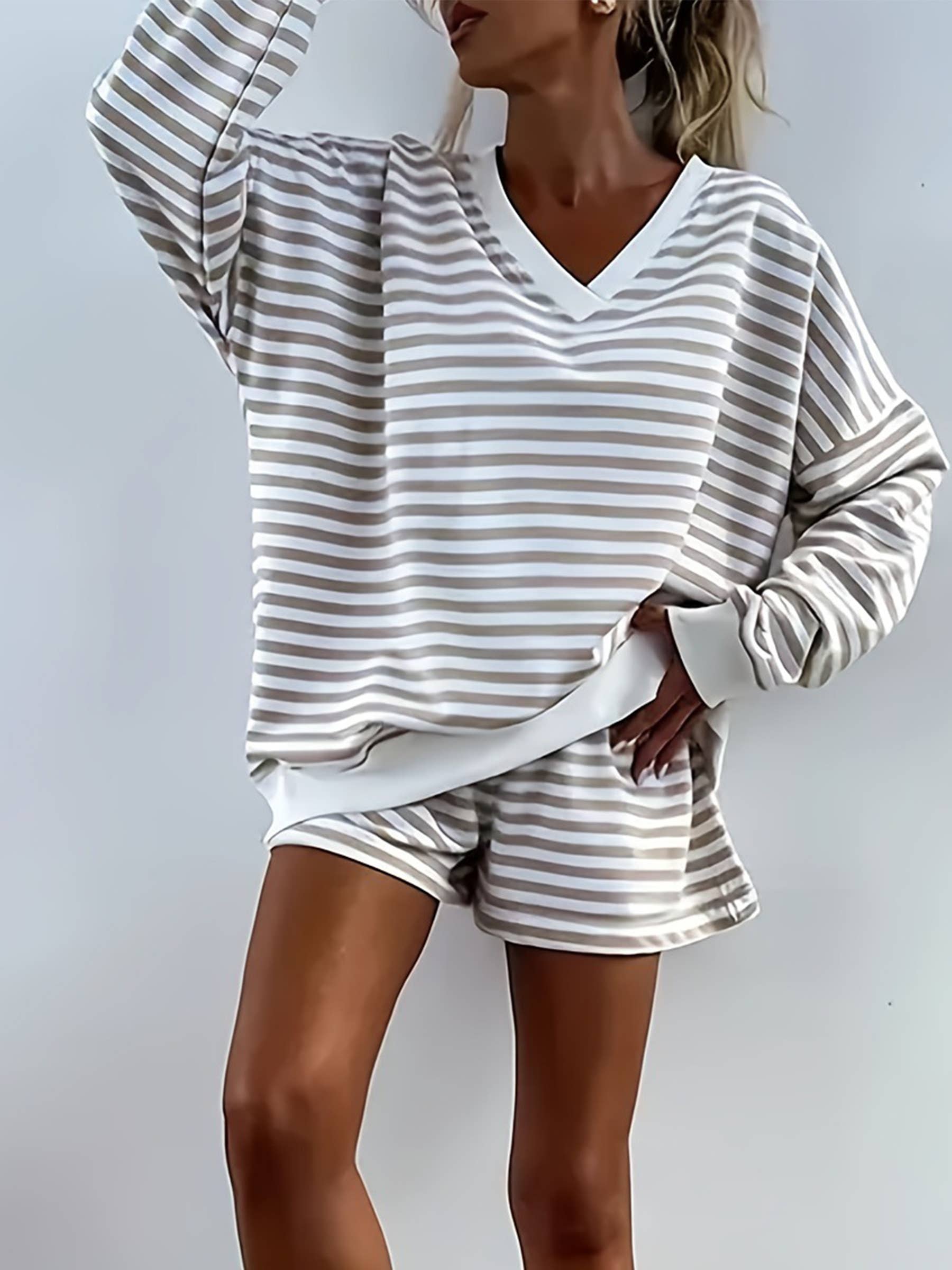 Striped Long Sleeved V-neck Top Sports Shorts Two-piece Set