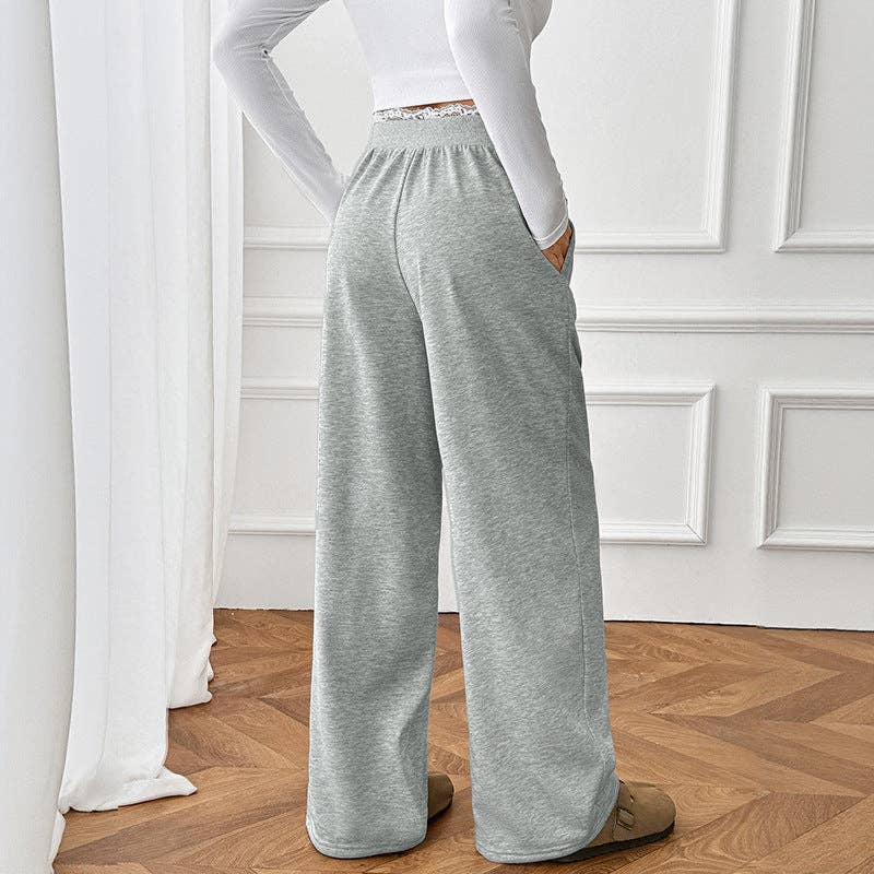 Lovesoft - Lace Trim High Waist Casual Straight Leg Pants
