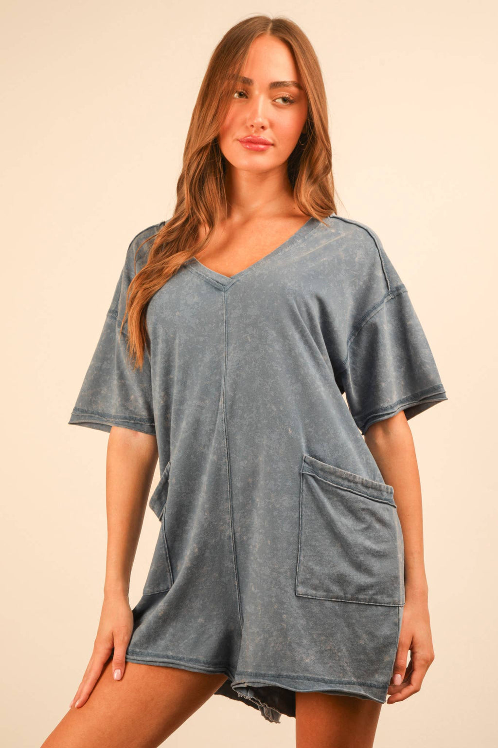 VERY J - NP70740-Mineral Washed Oversized Casual Knit Romper