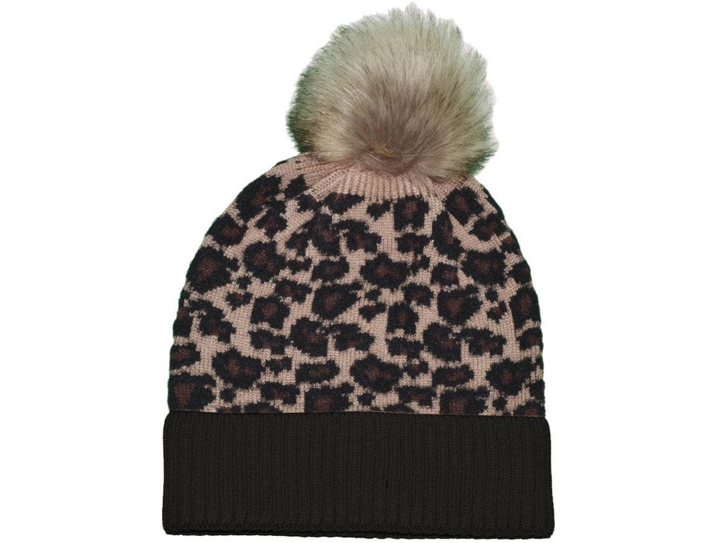 Buck Wholesale - Leopard Beanies with Removable Raccoon Fur Pom-Pom