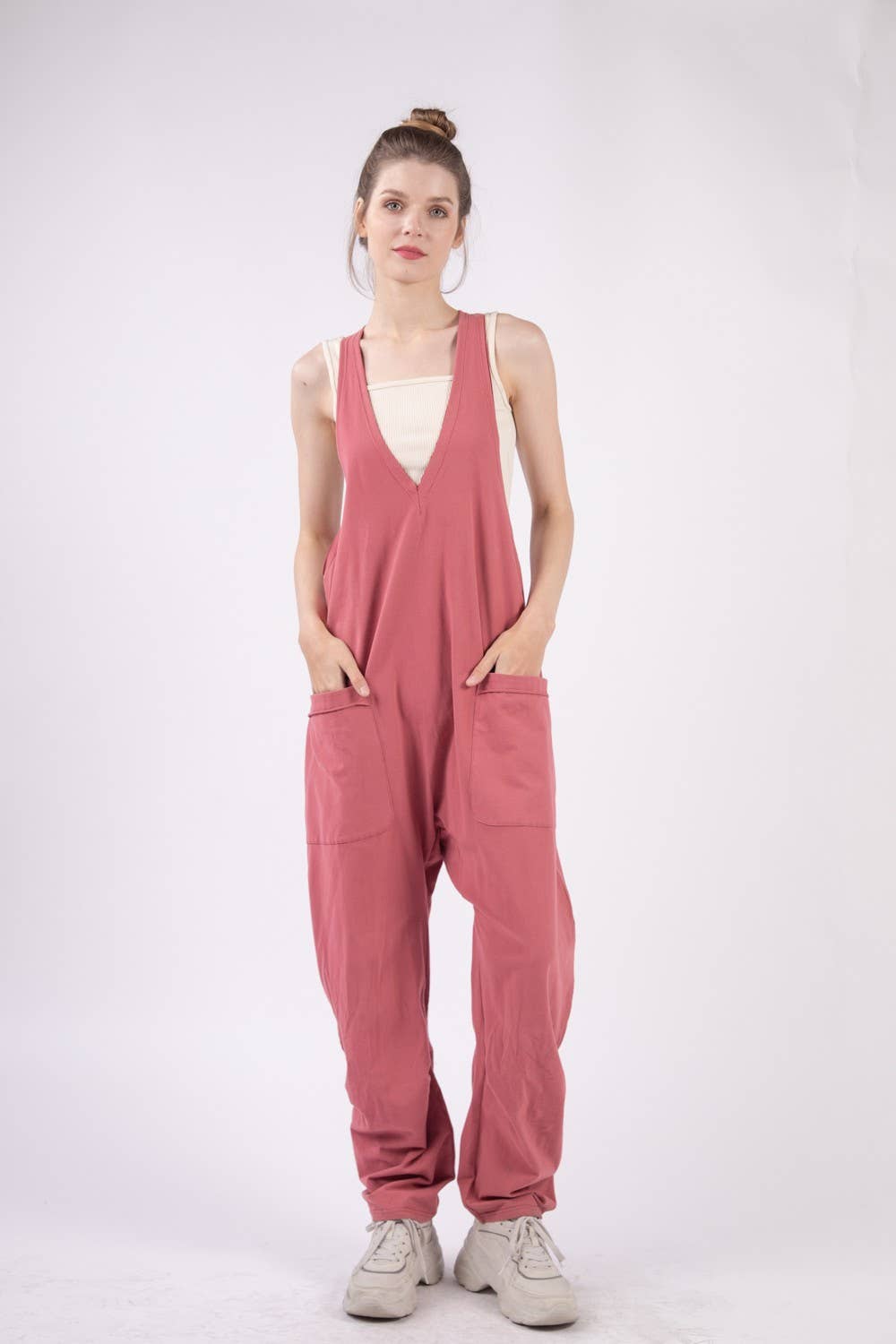 VERY J - NP70424-Casual Loose Fit Solid Knit Baggy Jumpsuit