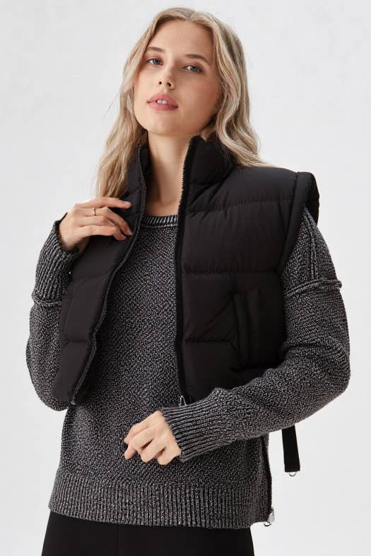 VERY J - NJ90335-Side Bow Tie Front Zipper Crop Puffer Vest