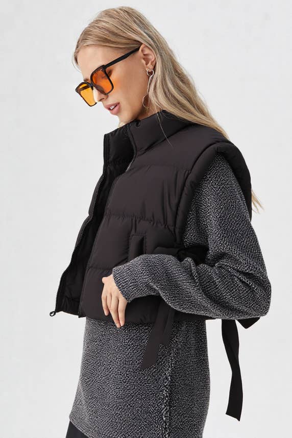 VERY J - NJ90335-Side Bow Tie Front Zipper Crop Puffer Vest