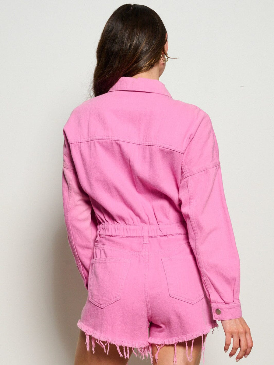 LONG SLEEVE DISTRESSED DENIM ROMPER