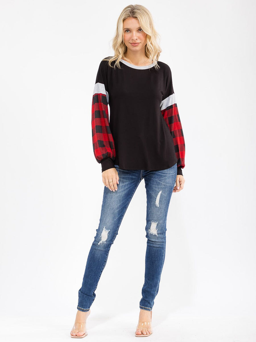 COLORBLOCK PLAID/BLACK LOOSE FIT TOP