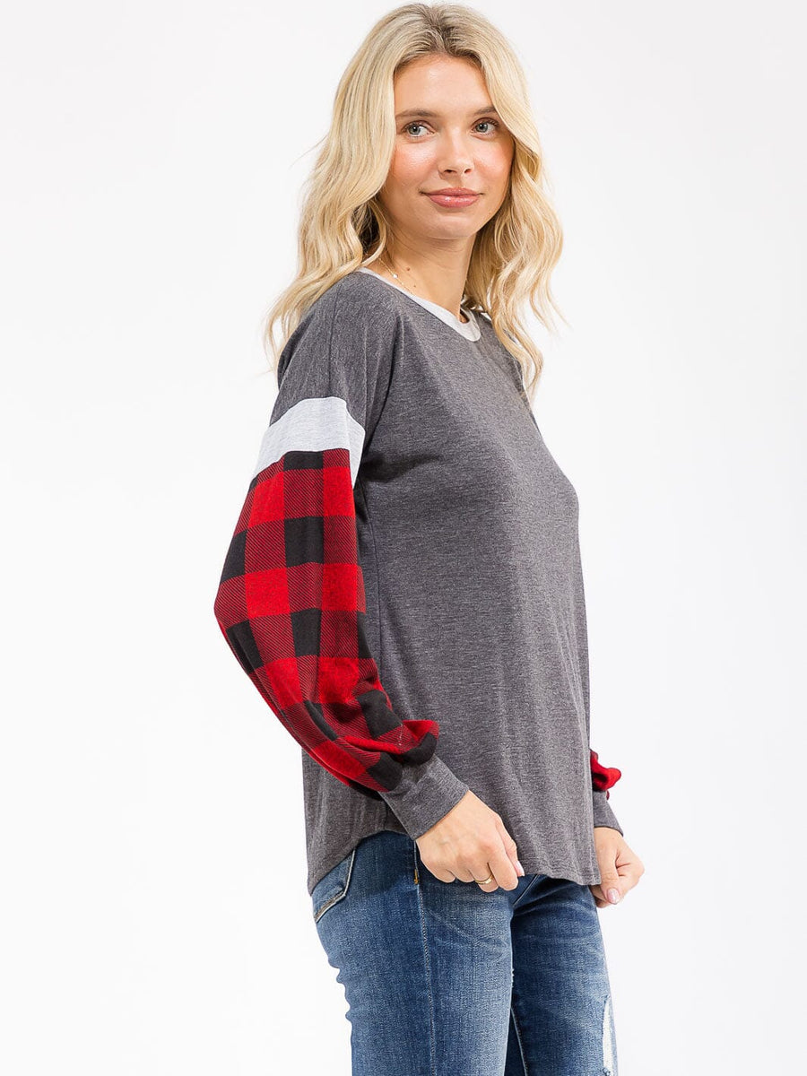LONG SLEEVE COLORBLOCK PLAID LOOSE FIT TOP