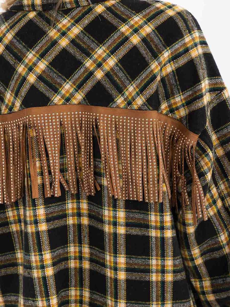 LONG SLEEVE BUTTON UP FRONT POCKETS BACK FRINGE PLAID SHACKET