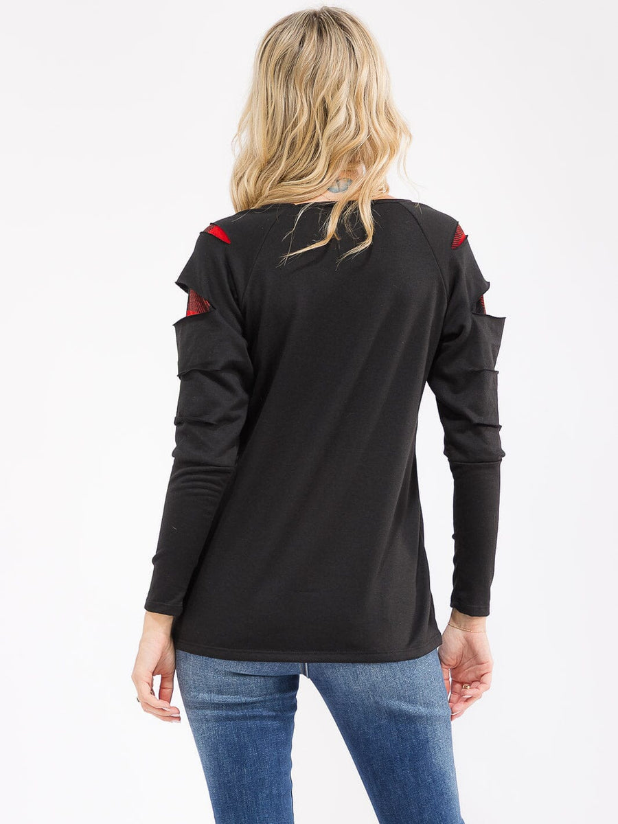 LONG SLEEVE PLAID PRINT DETAILED LOOSE FIT TOP