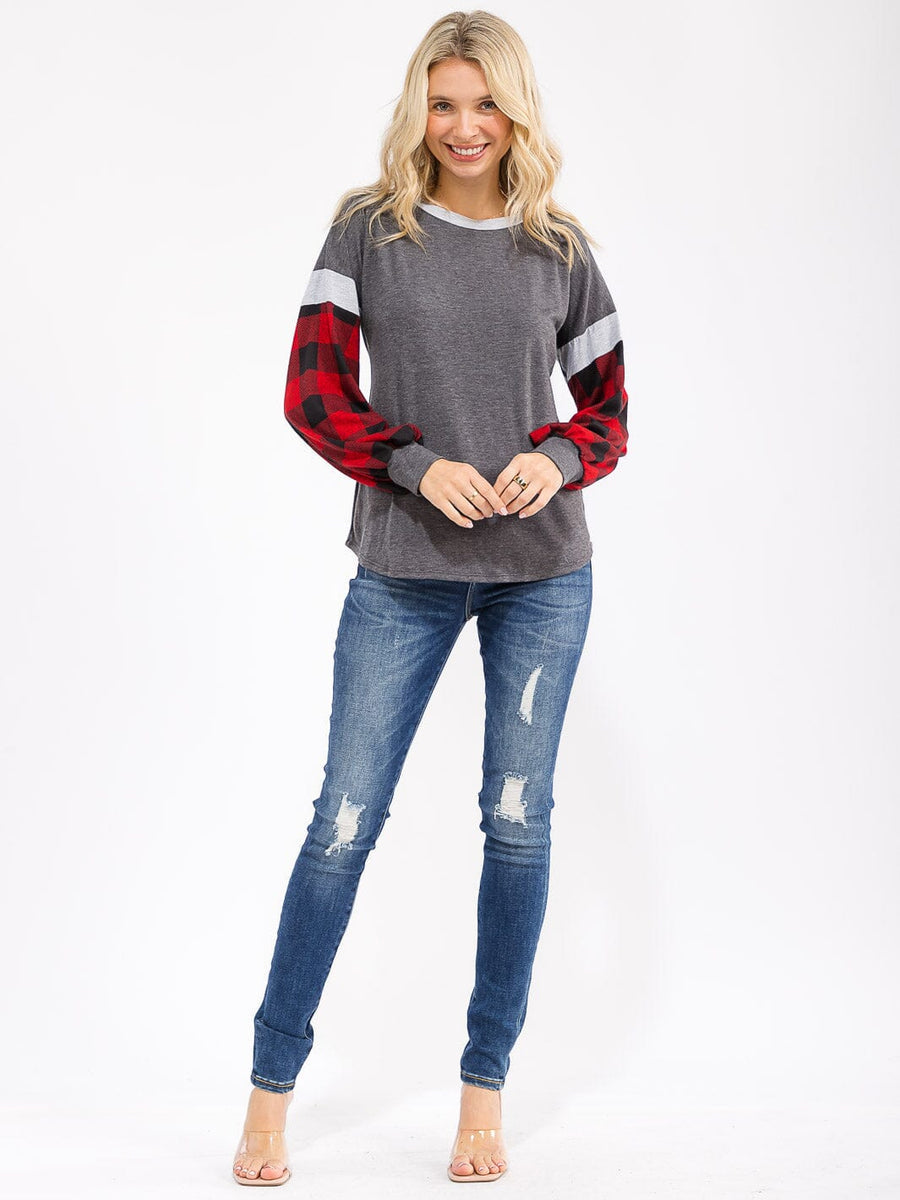 LONG SLEEVE COLORBLOCK PLAID LOOSE FIT TOP