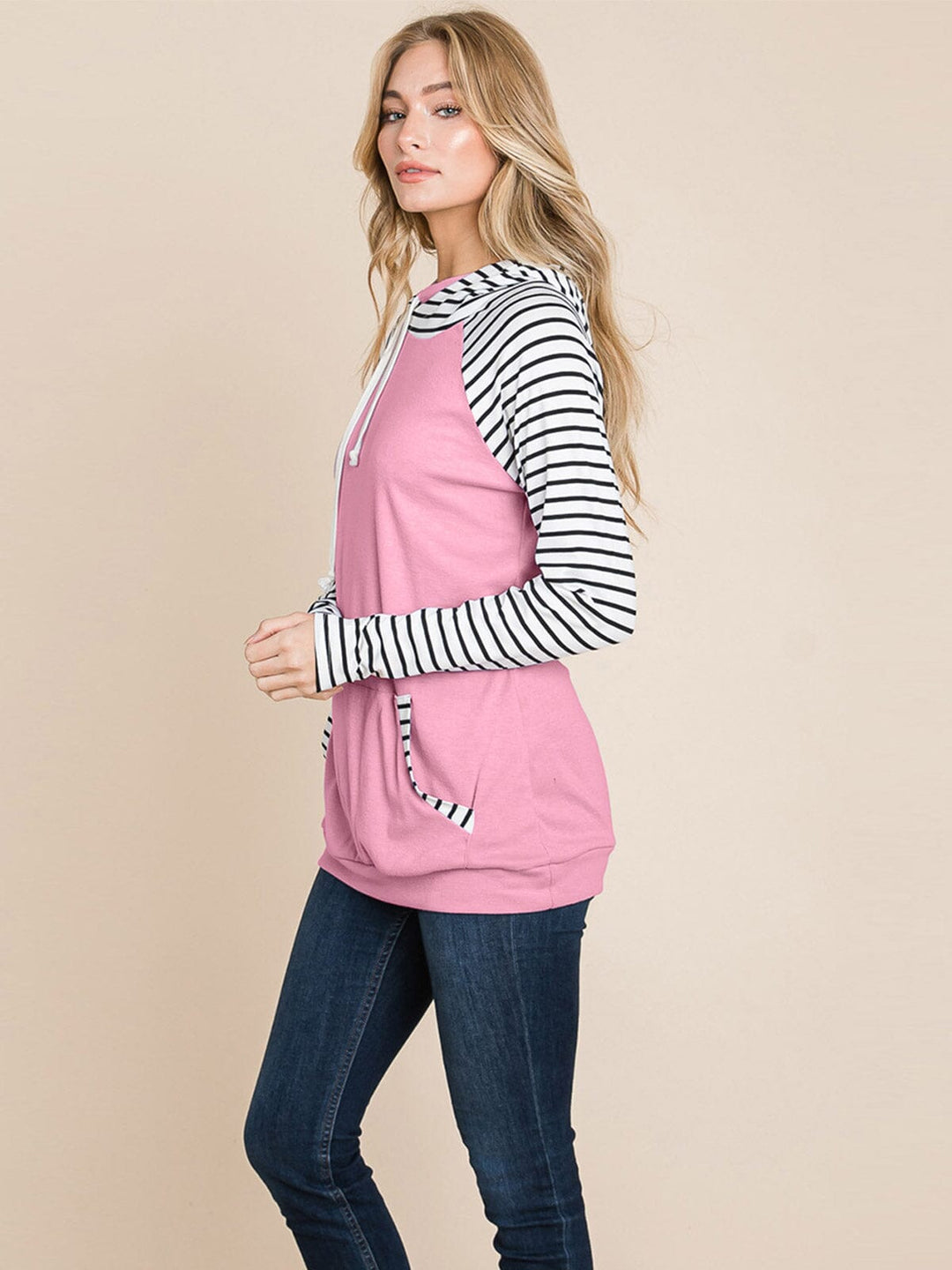 LONG SLEEVE FRONT POCKET HOODED STRIPES COLORBLOCK TOP
