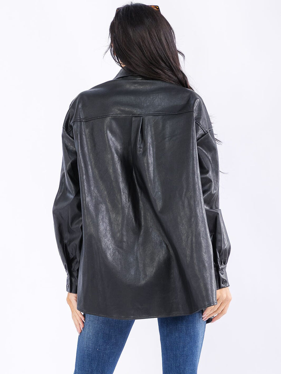 LONG SLEEVE BUTTON CLOSURE FRONT POCKETS PU PLEATHER JACKET
