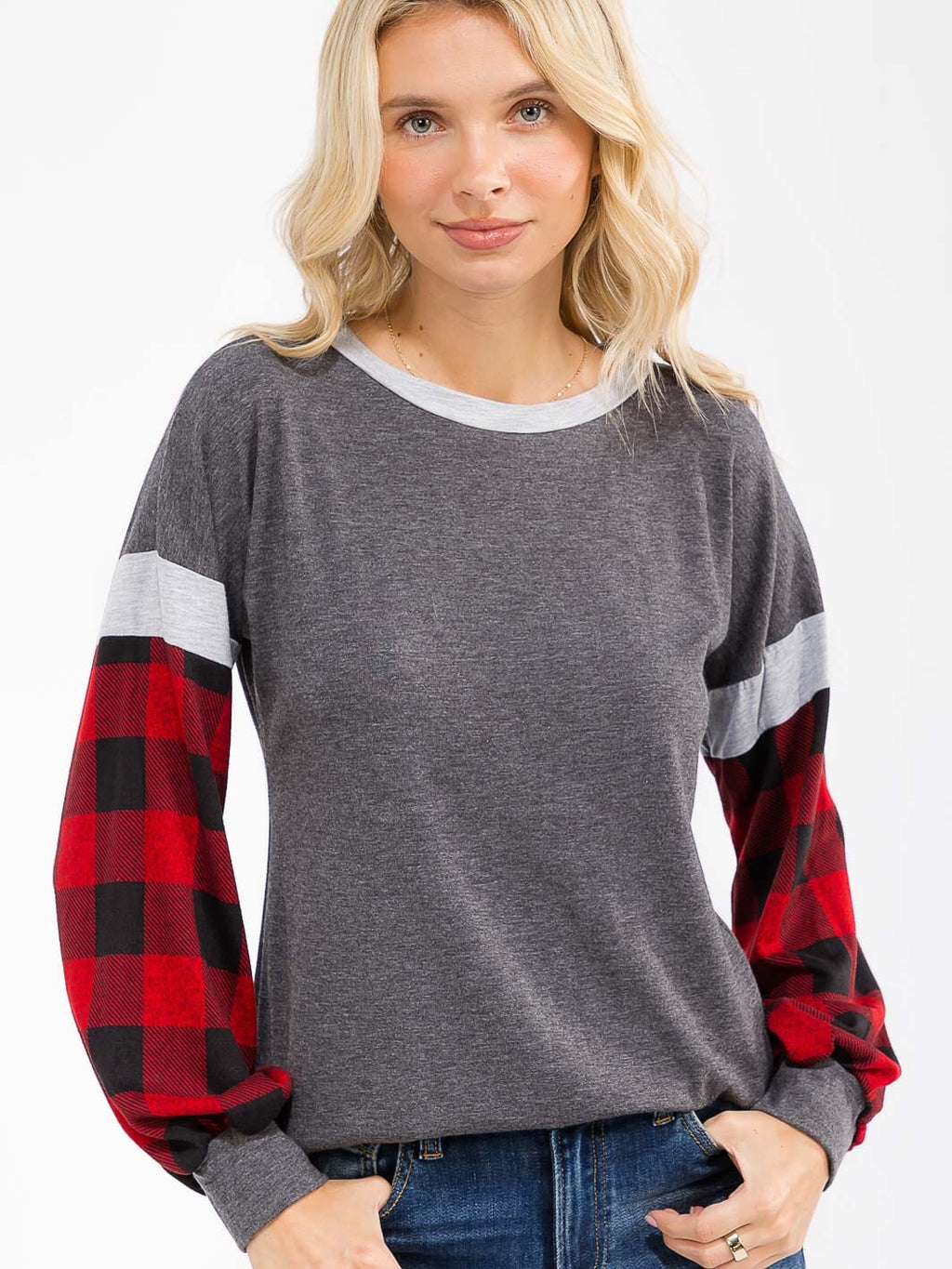 LONG SLEEVE COLORBLOCK PLAID LOOSE FIT TOP
