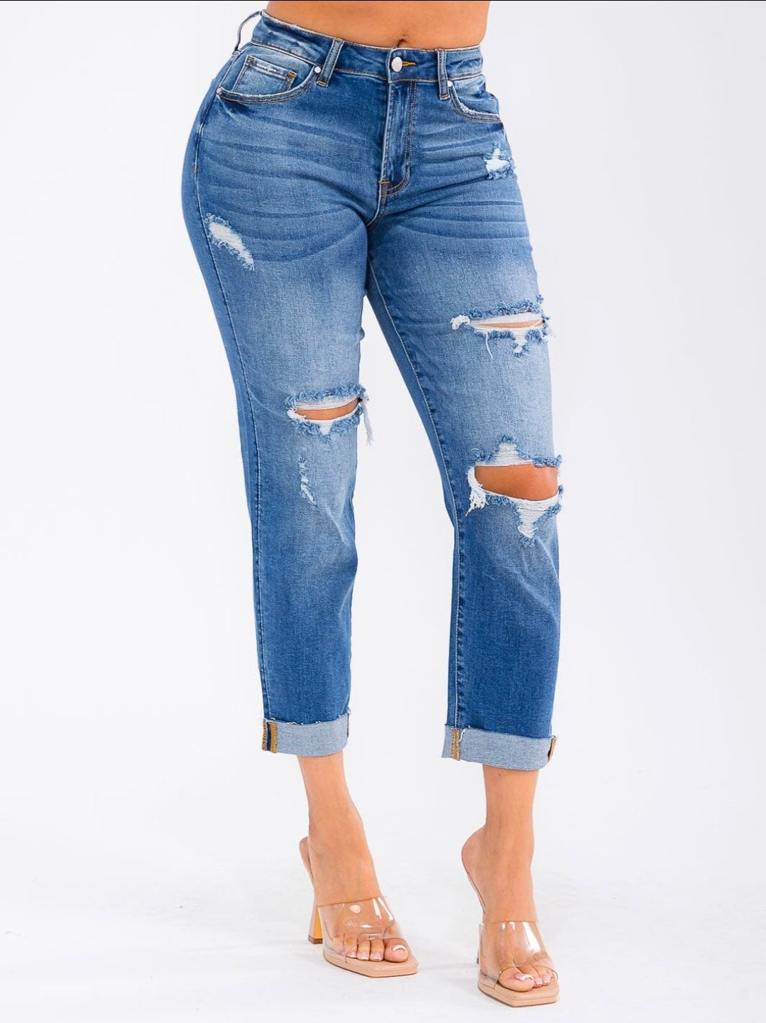 BUTTON CLOSURE DISTRESS STRETCH DENIM JEANS