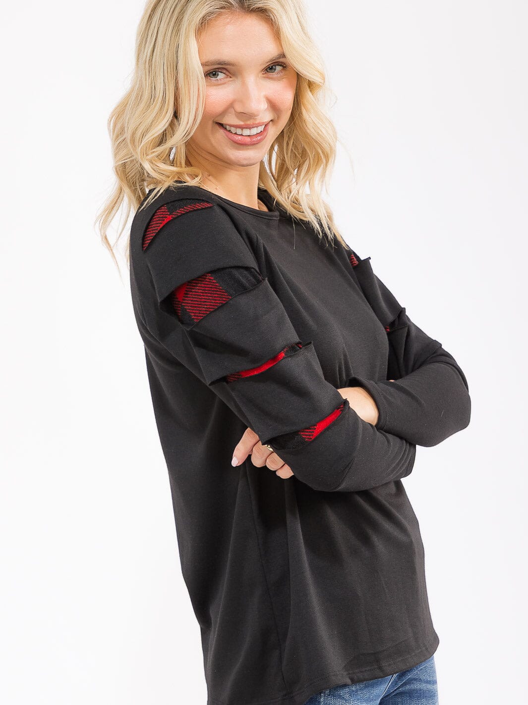 LONG SLEEVE PLAID PRINT DETAILED LOOSE FIT TOP