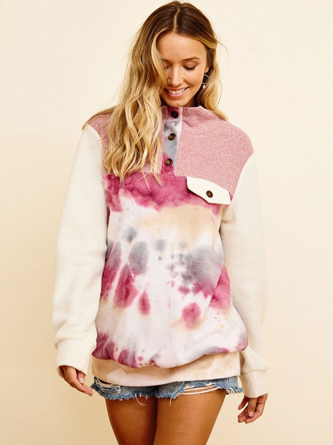 Women’s Long Sleeve Button-Up Tie Dye Pullover Sweater