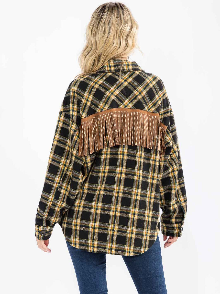 LONG SLEEVE BUTTON UP FRONT POCKETS BACK FRINGE PLAID SHACKET