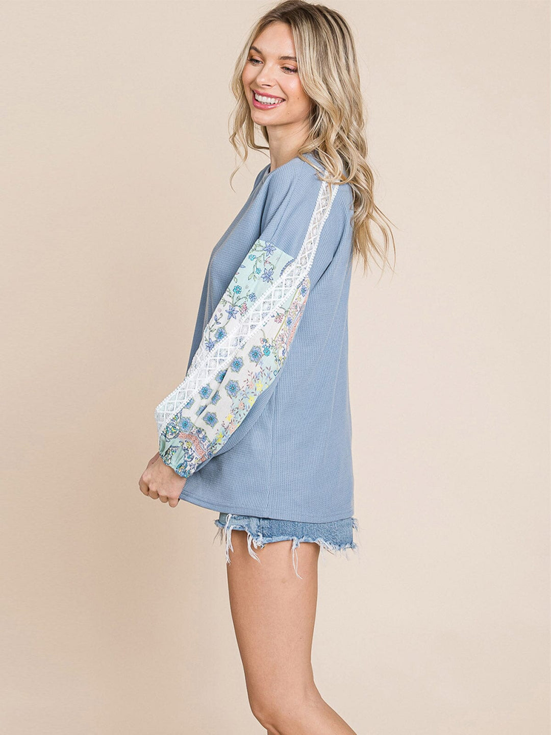 LONG DETAILED SLEEVE WAFFLE COLORBLOCK TOP