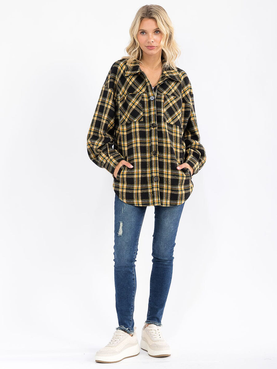LONG SLEEVE BUTTON UP FRONT POCKETS BACK FRINGE PLAID SHACKET
