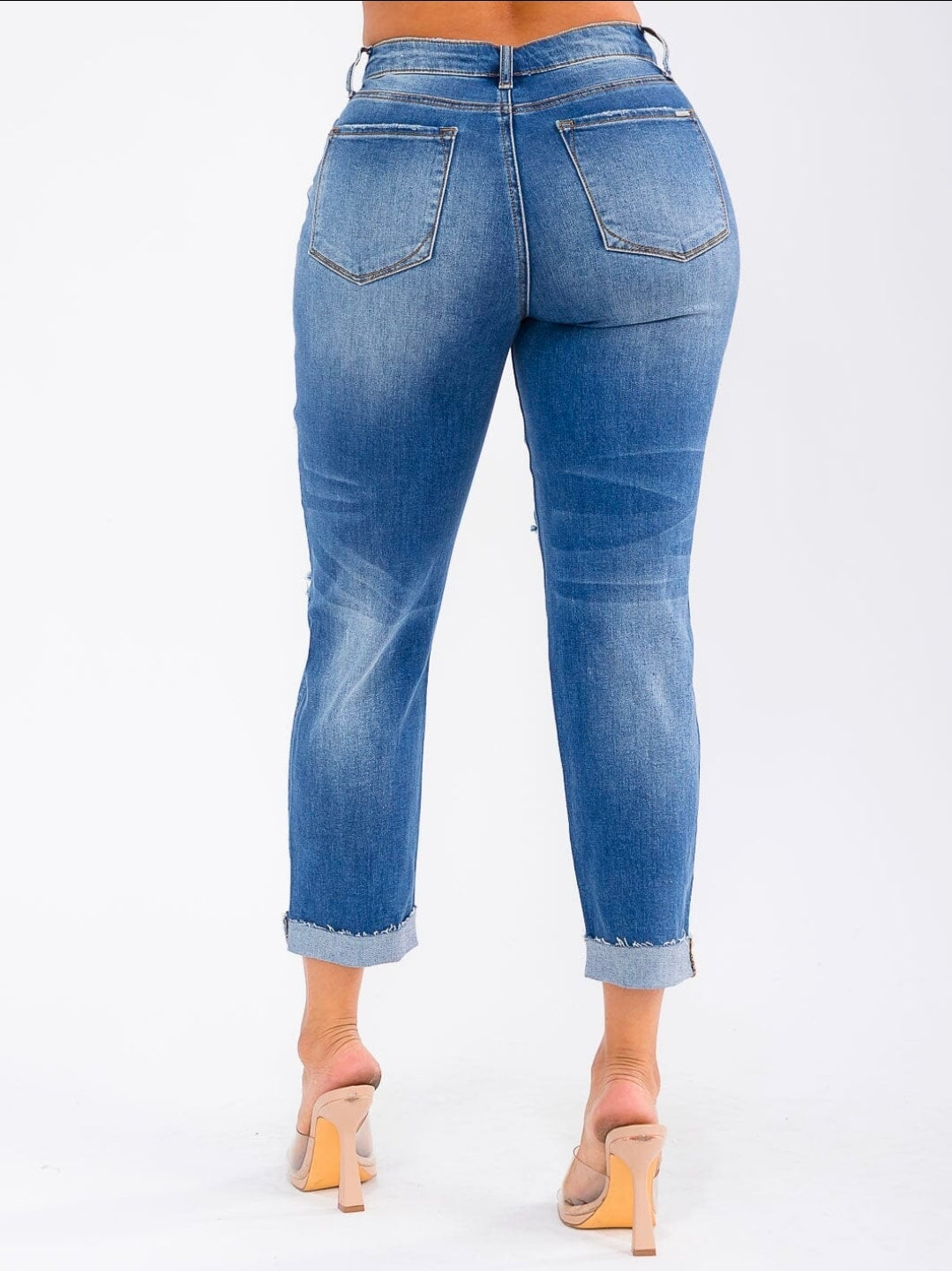 BUTTON CLOSURE DISTRESS STRETCH DENIM JEANS