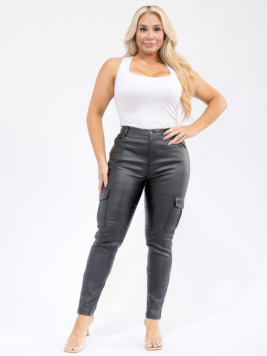 Plus Size PU Pleather Cargo Skinny Pants – Chic Button Closure | Curated by Lisa