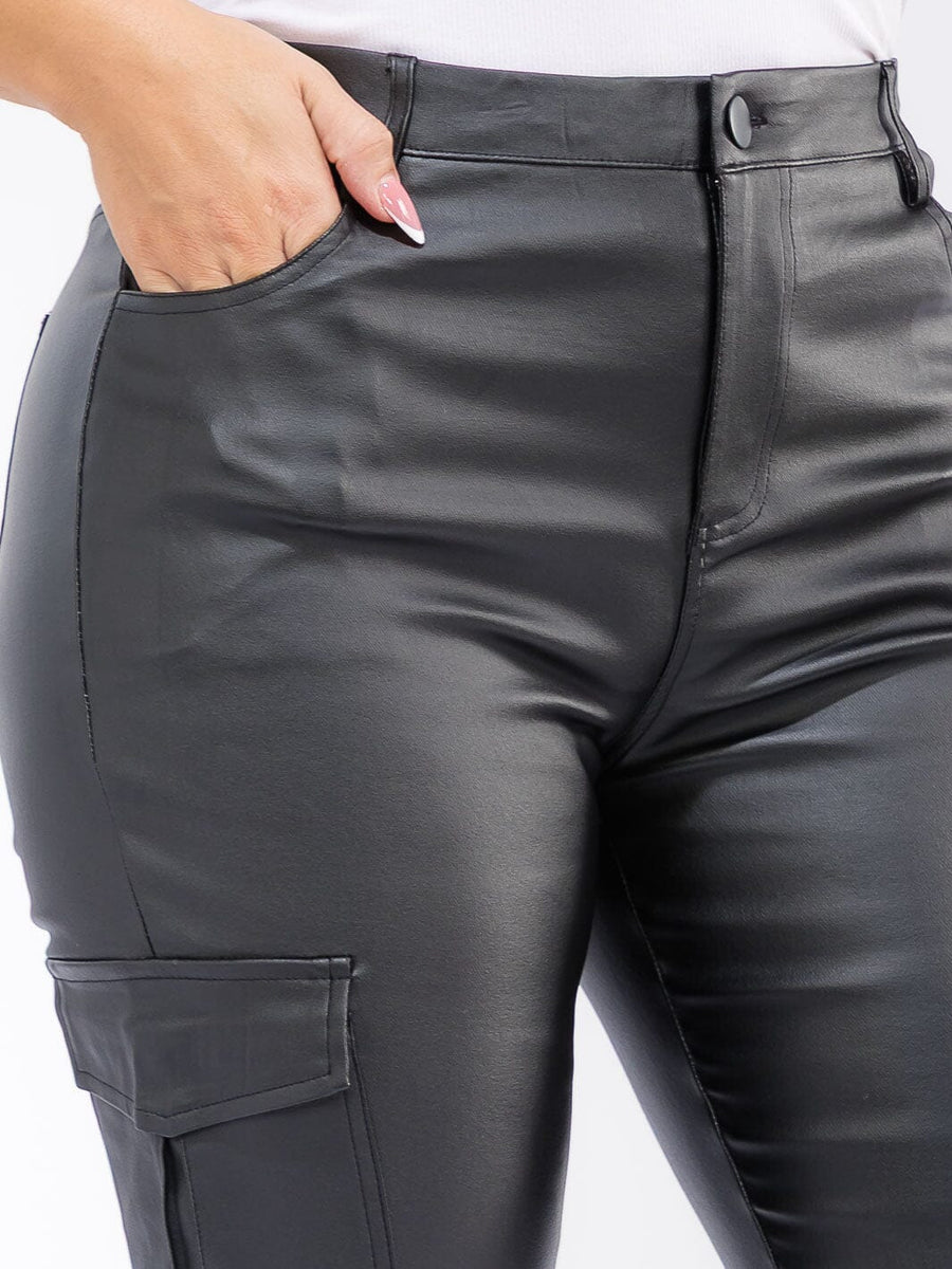 Plus Size PU Pleather Cargo Skinny Pants – Chic Button Closure | Curated by Lisa