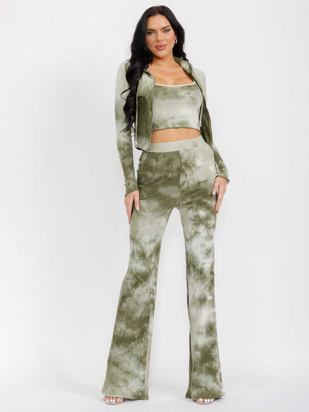 LONG SLEEVE CARDIGAN WITH CROP TOP & WIDE LEG PANTS 3PC. SET