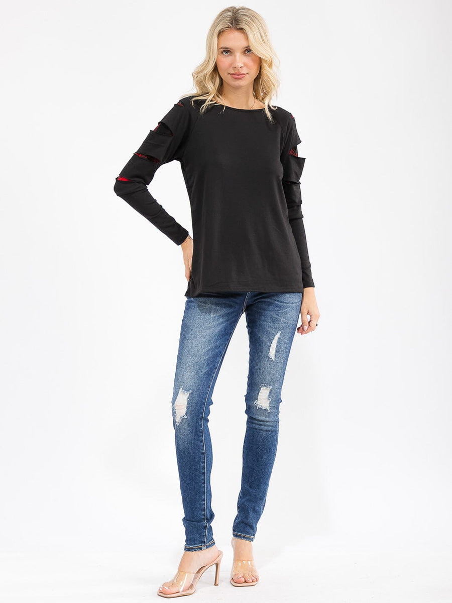 LONG SLEEVE PLAID PRINT DETAILED LOOSE FIT TOP