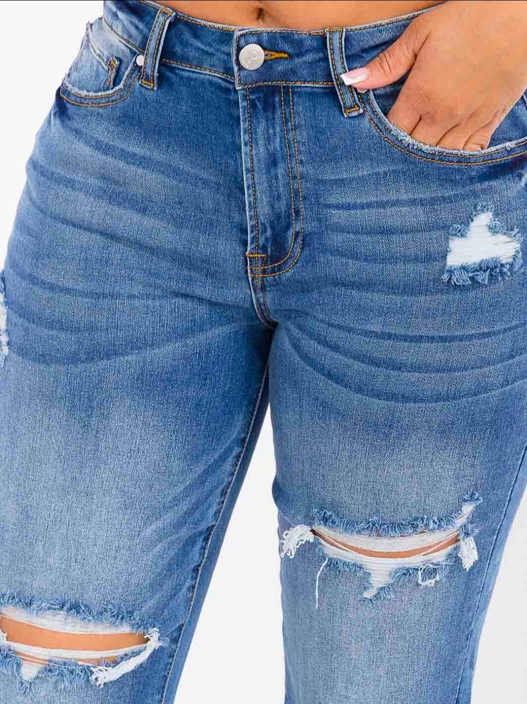 BUTTON CLOSURE DISTRESS STRETCH DENIM JEANS