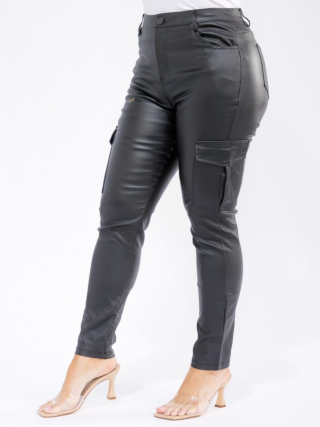 Plus Size PU Pleather Cargo Skinny Pants – Chic Button Closure | Curated by Lisa