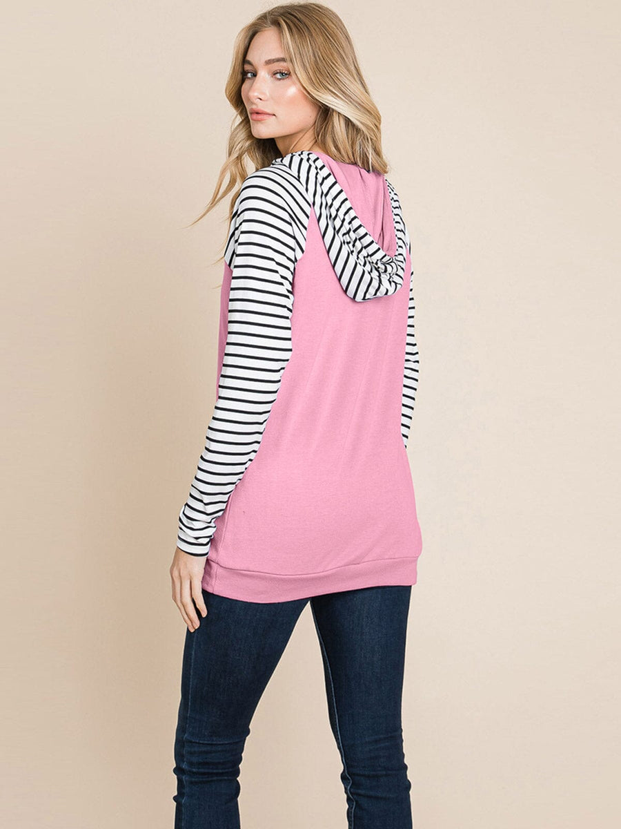 LONG SLEEVE FRONT POCKET HOODED STRIPES COLORBLOCK TOP